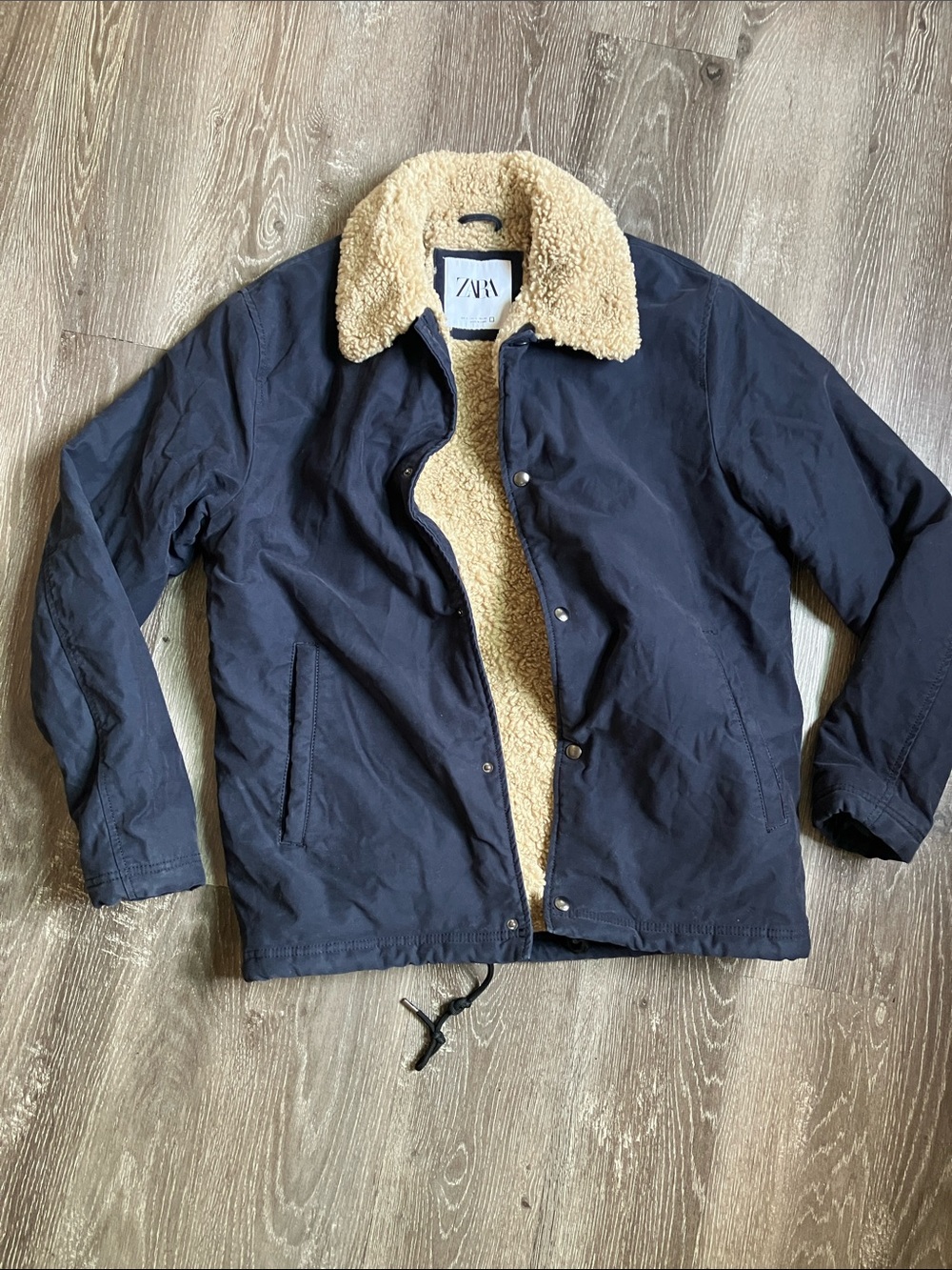 Zara Navy Field Jacket with Cream Sherpa Collar